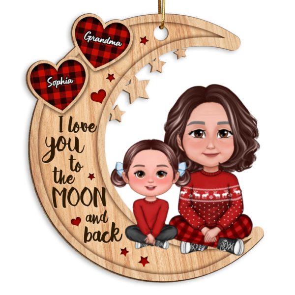 Checkered Pattern Heart Crossed Legs Doll Grandma & Grandkid Sitting On Moon Personalized Wooden Ornament Online now - Image 5