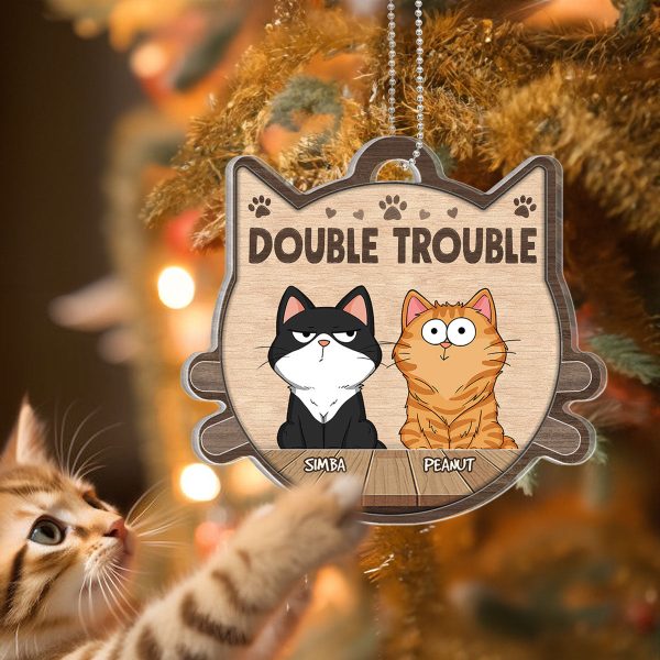Double Trouble Funny Cat Expression Personalized Cat Head Shaped Wooden Ornament Online now - Image 3