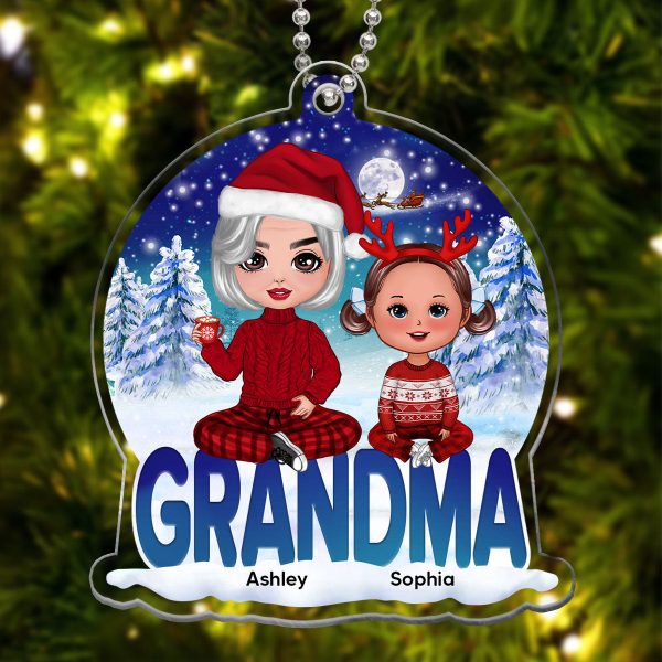 Grandma Grandkids Sitting Snowball Christmas Personalized Acrylic Ornament Cheap