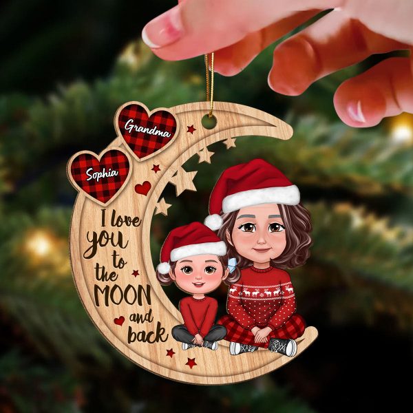 Checkered Pattern Heart Crossed Legs Doll Grandma & Grandkid Sitting On Moon Personalized Wooden Ornament Online now - Image 3