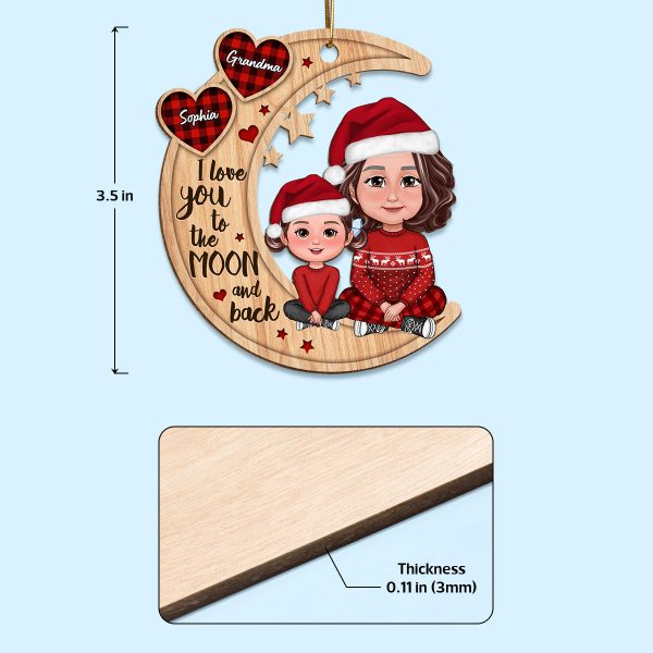 Checkered Pattern Heart Crossed Legs Doll Grandma & Grandkid Sitting On Moon Personalized Wooden Ornament Online now - Image 4