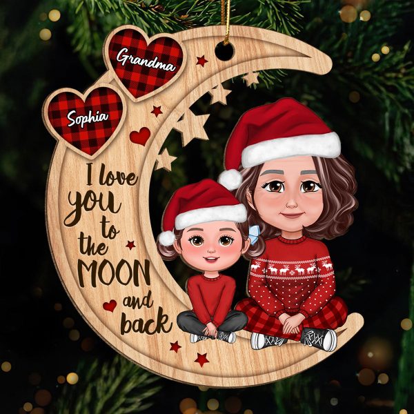 Checkered Pattern Heart Crossed Legs Doll Grandma & Grandkid Sitting On Moon Personalized Wooden Ornament Online now - Image 2