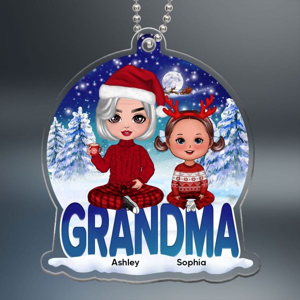 Grandma Grandkids Sitting Snowball Christmas Personalized Acrylic Ornament Cheap - Image 2