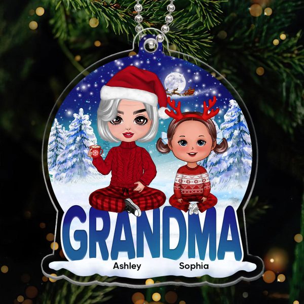 Grandma Grandkids Sitting Snowball Christmas Personalized Acrylic Ornament Cheap - Image 3