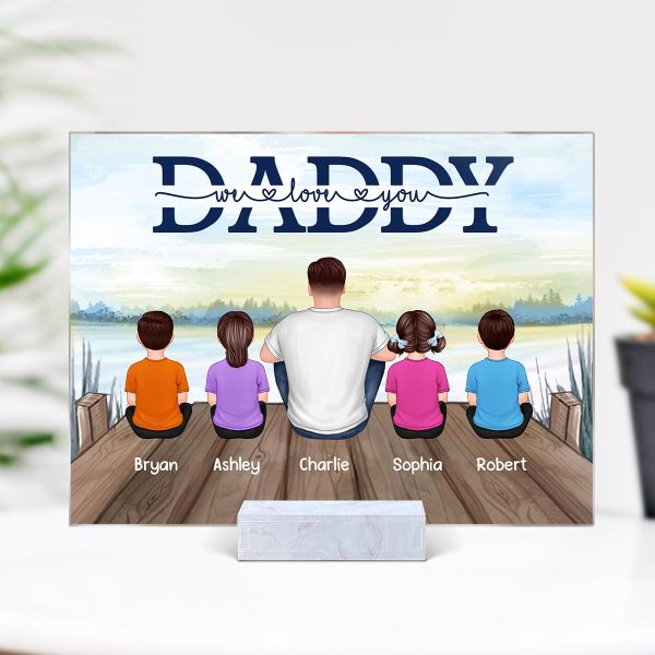 Dad And Kids Sitting Back View Lake Personalized Rectangle Acrylic Plaque For Discount