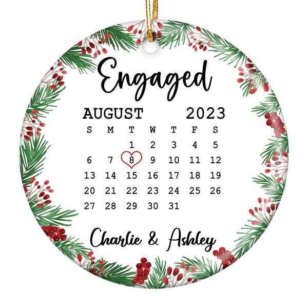 Holly Branch Simple Calendar Date First Christmas Couple Married Engaged Personalized Circle Ornament For Discount