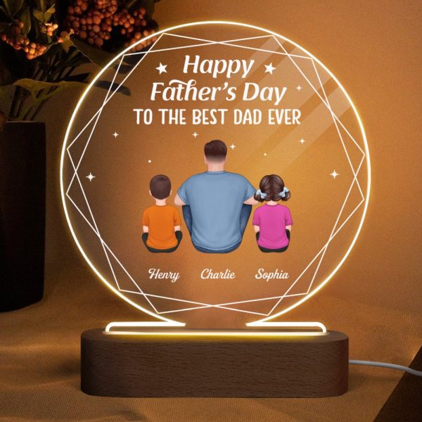 Hexagon Frame Best Dad Ever Back View Man Sitting With Kids Dogs Cats Personalized Circle Acrylic Plaque LED Night Light Online - Image 4