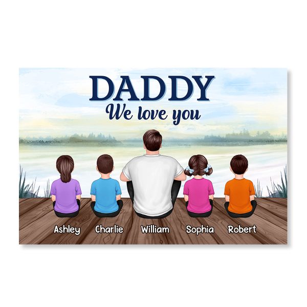 Dad Grandpa We Love You Back View Man & Kids Blue Theme Lake View Personalized Horizontal Poster For Discount