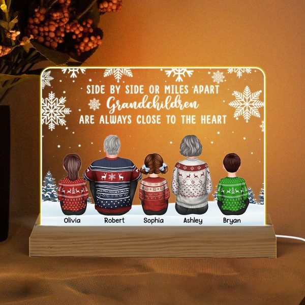 Back View Grandpa Grandma Grandkids Side By Side Snow Personalized Custom Shape Acrylic Plaque Warm LED Night Light on Sale - Image 2