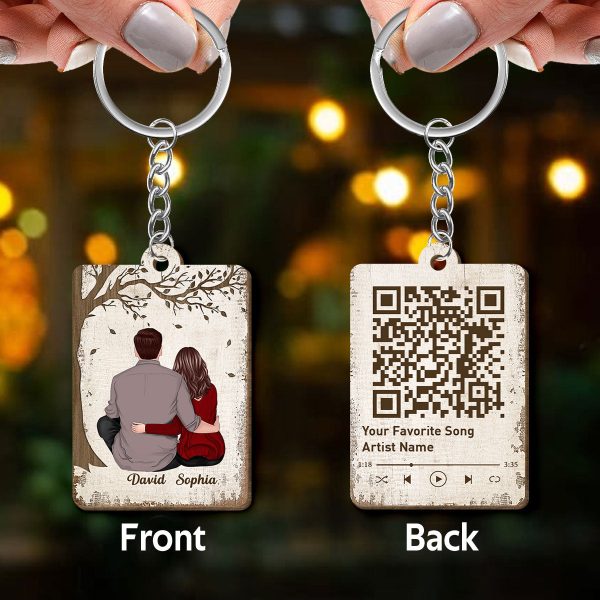 Couple Back View Sitting Favorite Song QR Code Personalized Wooden Keychain For Discount - Image 3