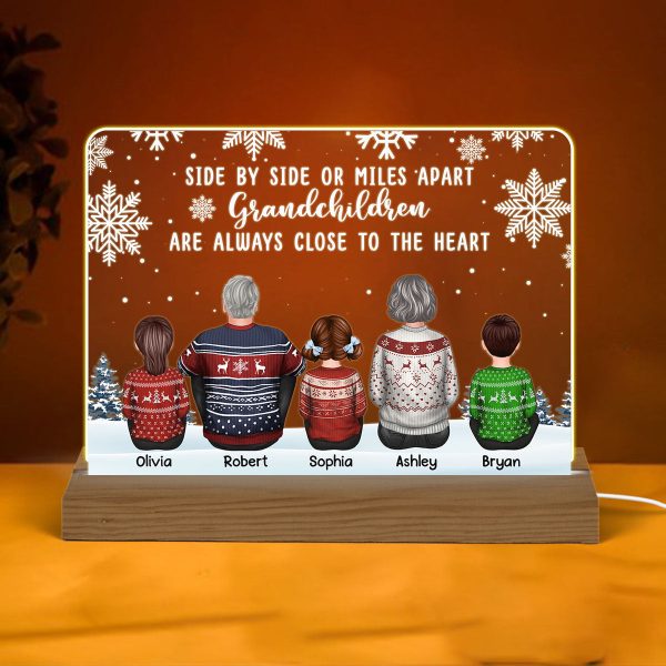 Back View Grandpa Grandma Grandkids Side By Side Snow Personalized Custom Shape Acrylic Plaque Warm LED Night Light on Sale
