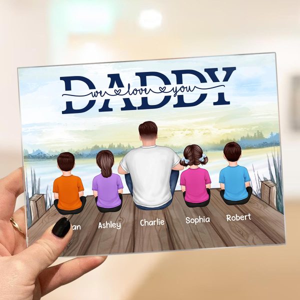 Dad And Kids Sitting Back View Lake Personalized Rectangle Acrylic Plaque For Discount - Image 3