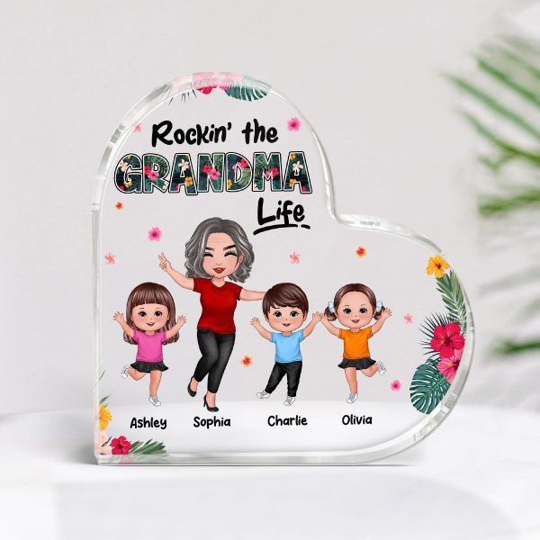 Rockin‘ Grandma Life Happy Doll Grandma Grandkids Personalized Acrylic Heart Plaque For Cheap