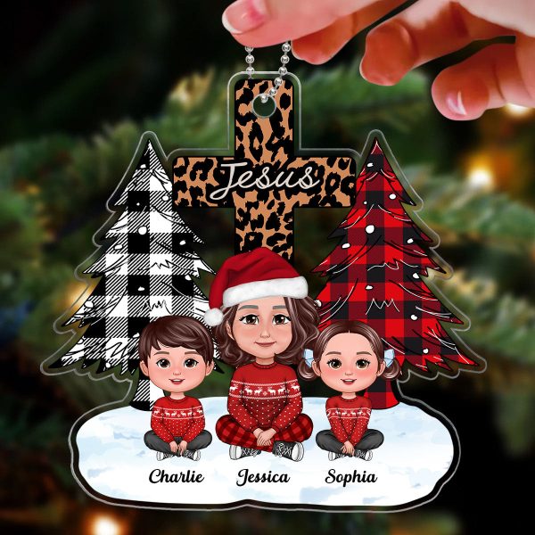 Christmas Tree & Cross Cute Grandma & Grandkids Sitting Personalized Acrylic Ornament Supply - Image 3