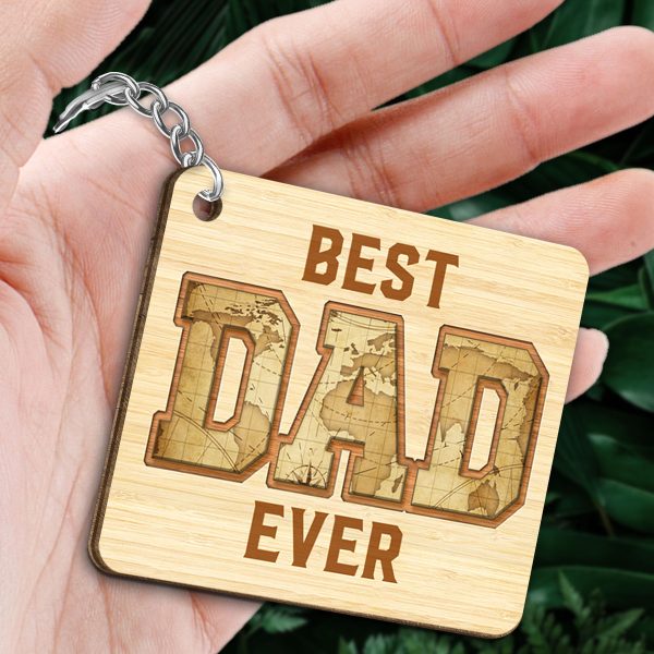 Dad And Kids Standing Front View World Map Personalized Wooden Keychain Discount - Image 2