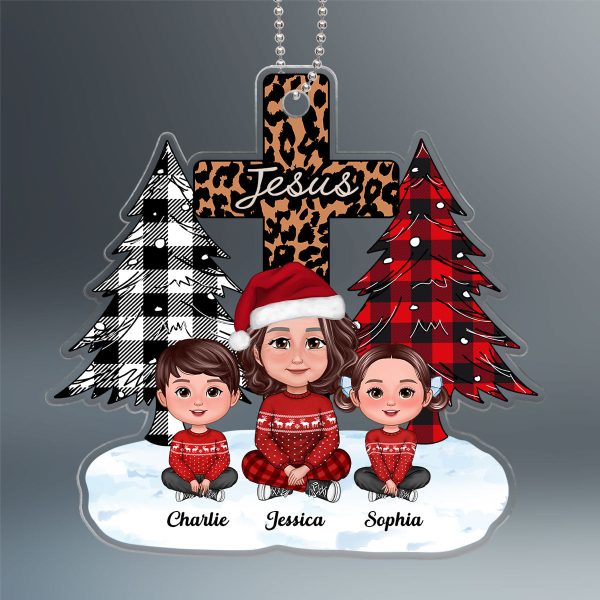 Christmas Tree & Cross Cute Grandma & Grandkids Sitting Personalized Acrylic Ornament Supply - Image 2