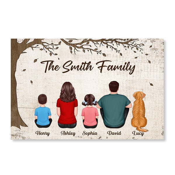 Whole Back View Family Grandma Grandpa Dad Mom Kids Dogs Cats Sitting Under Tree Personalized Horizontal Poster For Cheap