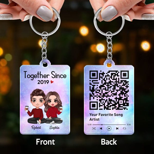 Doll Couple Sitting Together Since Favorite Song Scannable QR Code Personalized Acrylic Keychain Sale - Image 3