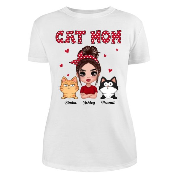 Polka Dot Pattern Doll Cat Mom Funny Cat Expressions Personalized Shirt Sale - Image 5