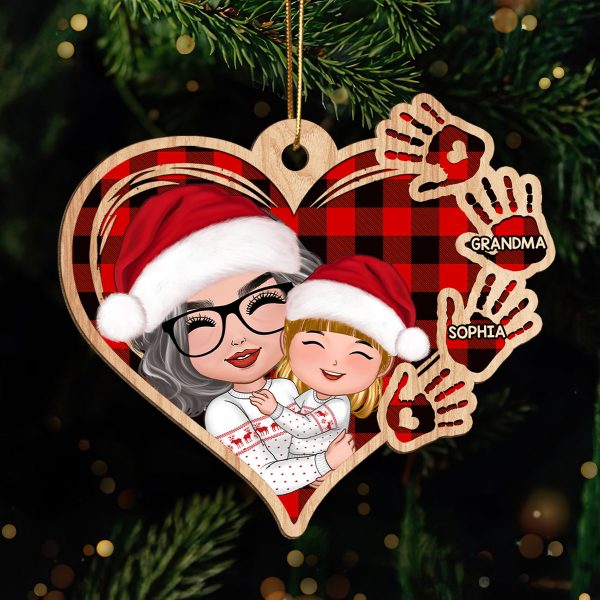Grandma Mom Hugging Kid Checkered Pattern Heart Handprints Personalized Wooden Ornament Hot on Sale - Image 2