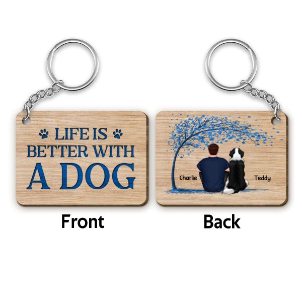 Dog Dad Back View Man And Dogs Sitting Under Blue Tree Personalized Wooden Keychain For Cheap - Image 4