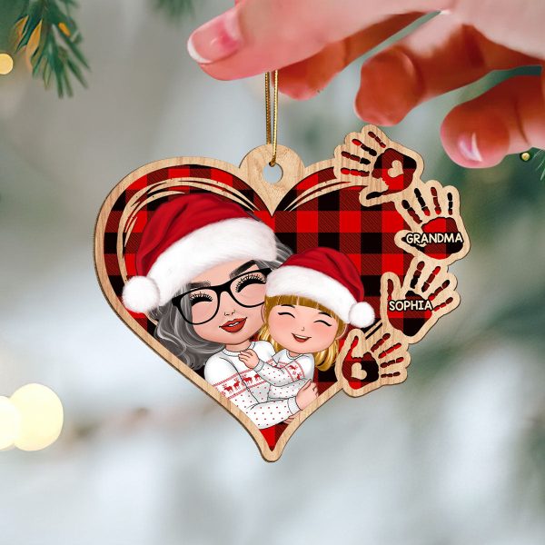 Grandma Mom Hugging Kid Checkered Pattern Heart Handprints Personalized Wooden Ornament Hot on Sale - Image 3
