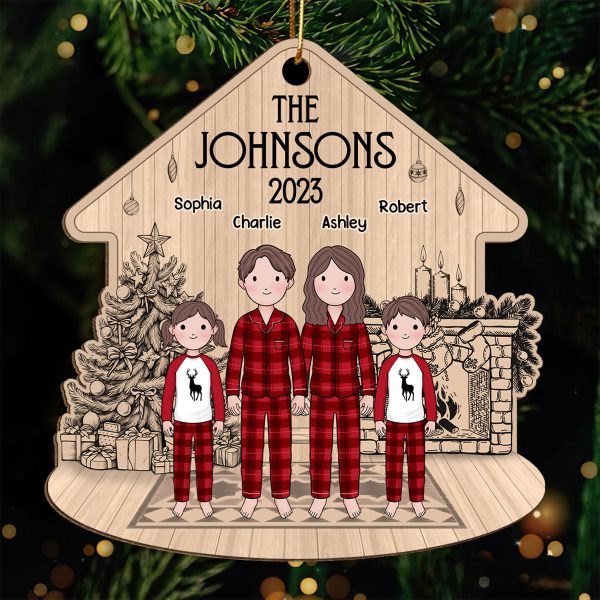 Simple Cartoon Whole Family At Fireplace Sketch Background Personalized Wooden Ornament on Sale - Image 2
