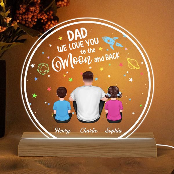 Dad I Love You To The Moon And Back Back View Man Sitting With Kids Dogs Cats Personalized Custom Shape Acrylic Plaque Warm LED Night Light For Sale - Image 2