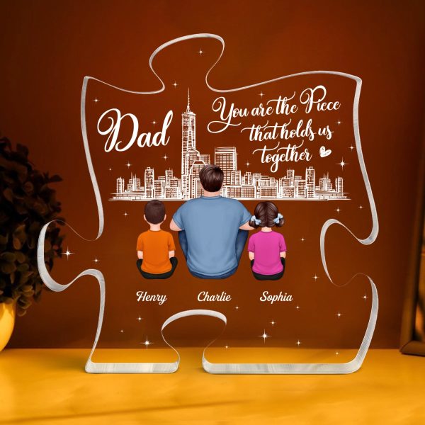 Dad You Are The Piece That Holds Us Together Back View Man Sitting With Kids Dogs Cats Personalized Puzzle Acrylic Block Plaque Cheap - Image 4