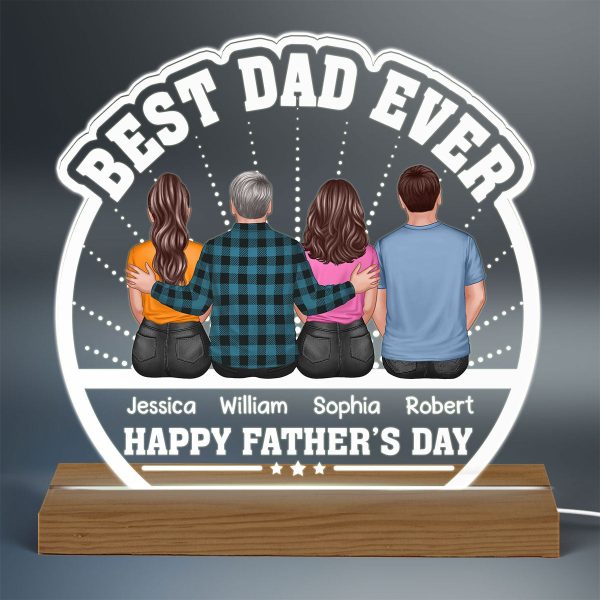 Best Dad Ever Back View Dad And Daughters Sons Sitting Personalized Custom Shape Acrylic Plaque Warm LED Night Light Online - Image 3