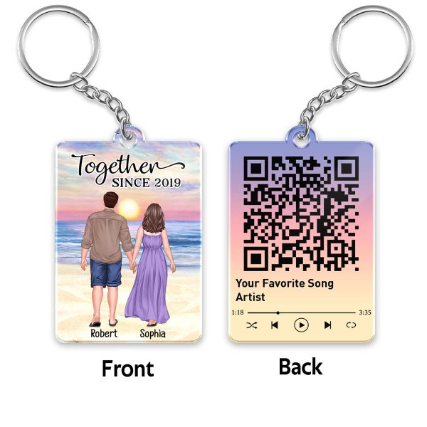 Back View Couple Walking At Beach Favorite Song QR Code Personalized Acrylic Keychain For Cheap