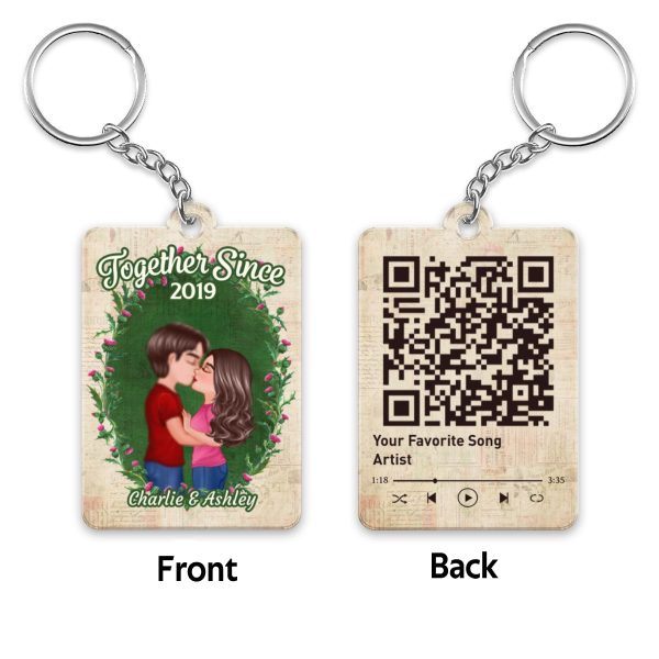 Doll Couple Floral Frame Old Newspaper Favorite Song QR Code Personalized Acrylic Keychain For Sale - Image 4