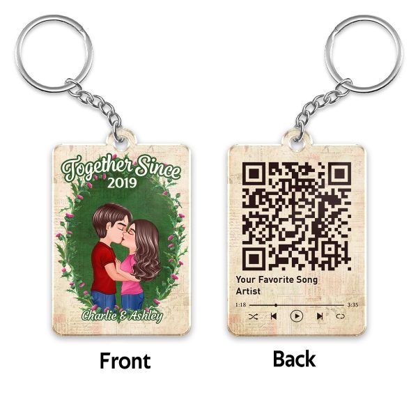Doll Couple Floral Frame Old Newspaper Favorite Song QR Code Personalized Acrylic Keychain For Sale