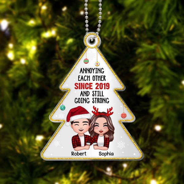 Annoying Each Other Since Doll Couple Hugging Holding Drinks Personalized Christmas Tree Shaped Acrylic Ornament For Sale