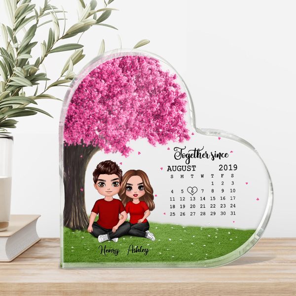 Embracing Doll Couple Sitting Under Pink Tree Calendar Anniversary Date Personalized Heart Acrylic Plaque Discount - Image 3