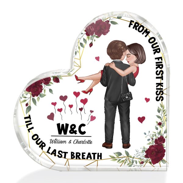 Embracing Hugging Doll Couple Floral Frame Personalized Heart Acrylic Plaque on Sale - Image 2