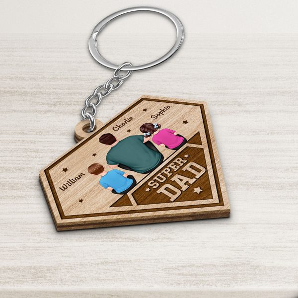 Super Dad Dad And Kids Back View Personalized Wooden Keychain Online Hot Sale - Image 3