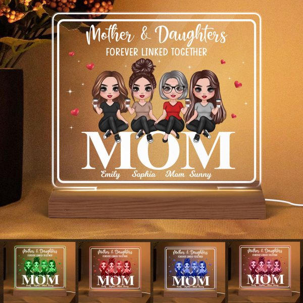 Doll Mom And Daughters Sitting On Words Personalized Custom Shape Acrylic Plaque LED Night Light For Cheap